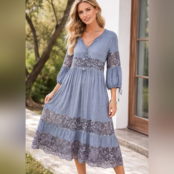 POL Dresses & Skirts - POL Boho Flowy Peasant Style Sheer Lace Panel Maxi Dress Blue-Gray Size Small